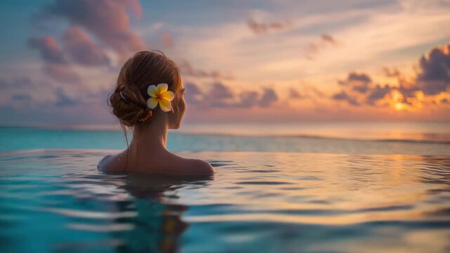 young woman in infinity pool on tropical seascape background in summer animation