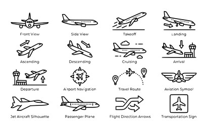 Airplane Icon Set with Flight Transport Aviation Travel Pictograms Vector Collection © Shultana