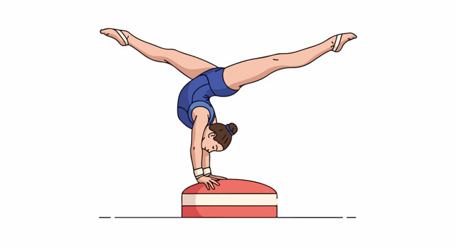 A woman in blue leotard doing handstand on a pommel horse