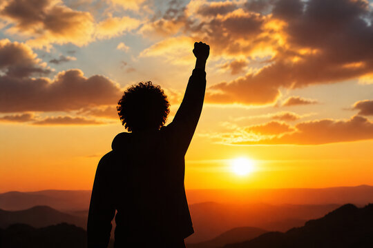 A silhouette of a person with a raised fist against a vibrant sunset over rolling hills.