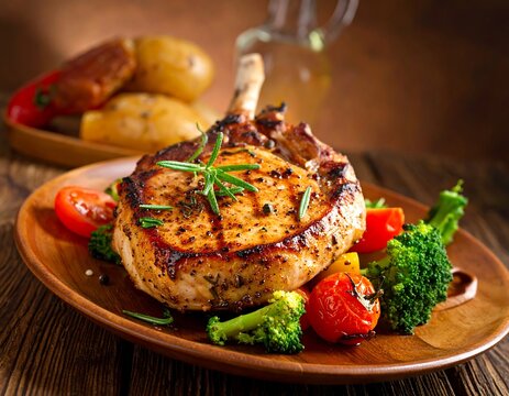 A juicy pork chop on a plate with roasted vegetables