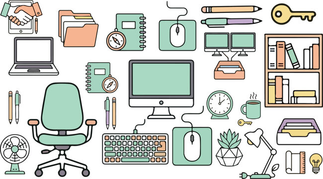 Work from home office desk elements collection with flat line art keyboard mouse pen notebook succulent plant shelf bookshelf coffee mug and fan doodle graphics