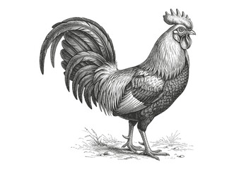 Rooster standing proudly with detailed plumage and tail feathers, vintage engraved illustration, farm animal design © Otpirus