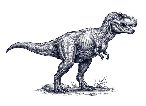Tyrannosaurus rex with muscular body and textured skin, retro engraving illustration