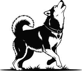 Black and white stencil vector illustration of a husky dog howling standing on the grass © MdOsiar