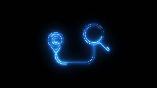 Neon location pin icon animation. Search address road sign, travel map pin symbol, digital navigation location pin. 