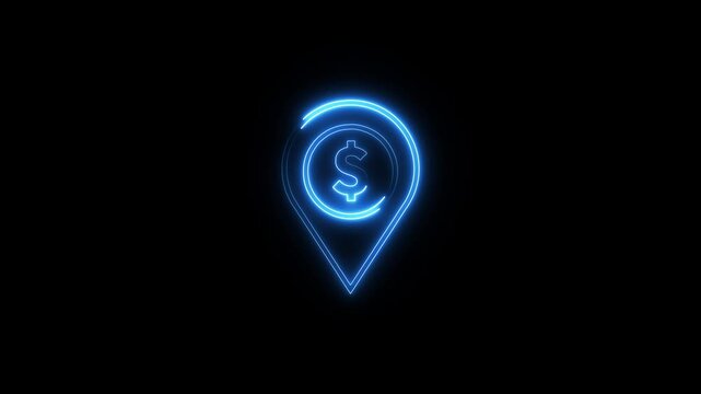 Neon location pin icon animation. Search address road sign, travel map pin symbol, digital navigation location pin. 