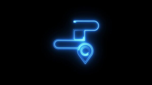 Neon location pin icon animation. Search address road sign, travel map pin symbol, digital navigation location pin. 