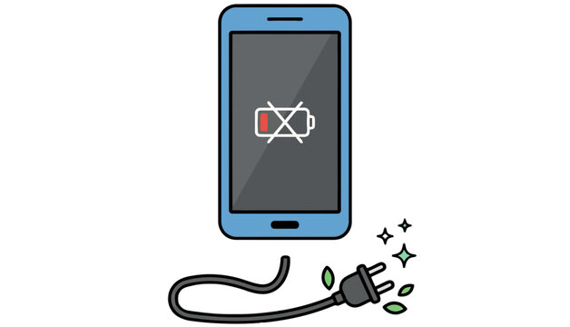 Smartphone with a dead battery symbol and an unplugged charging cable
