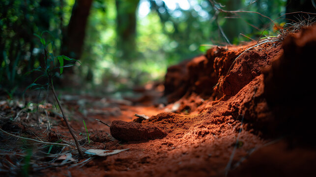 bauxite. Exposed bauxite layers in tropical red soil under natural sunlight. safety posters, maintenance manuals, designed for precision metalworking and fabrication facilities, improves efficiency.