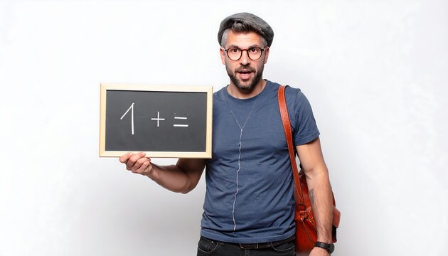 A man holding a small chalkboard with a math equation