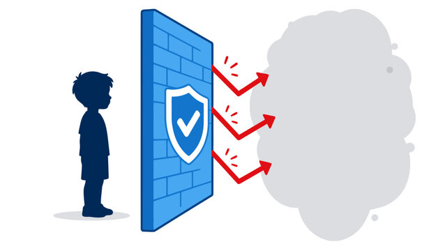 Child standing behind a glowing blue shield wall protected from dark internet threats