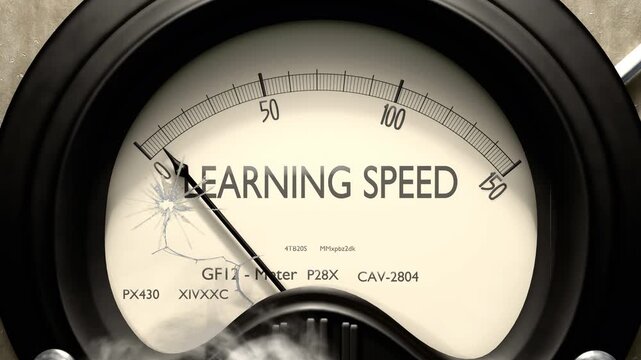 Learning speed meter showing low levels of learning speed. Minimum and decreasing learning speed value, below the norm. Lack of learning speed. None of it, insufficient.