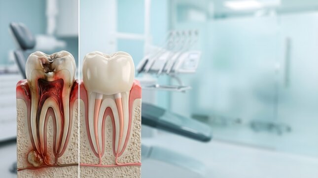 Root Canal Treatment Before and After Cross Section Tooth Anatomy Illustration with Copy Space