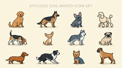 Obraz premium Set of different dog breeds icons.