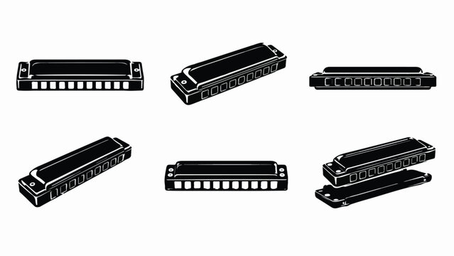 Vintage harmonica vector set, black and white blues harp illustrations, collection of 6 musical instrument icons for jazz and folk posters