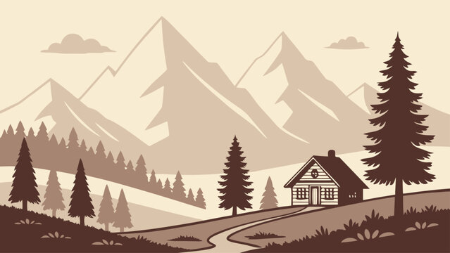 Retro Style Mountain Landscape Illustration with Cabin and Pine Forest in Minimal Flat Design