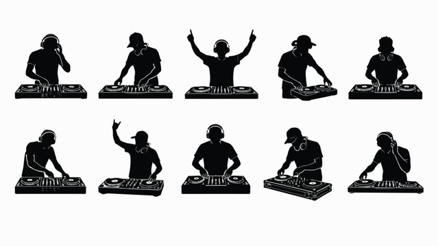 DJ silhouette collection, 10 vector icons of disc jockeys performing on turntables, black music producer silhouettes for club posters and event flyers