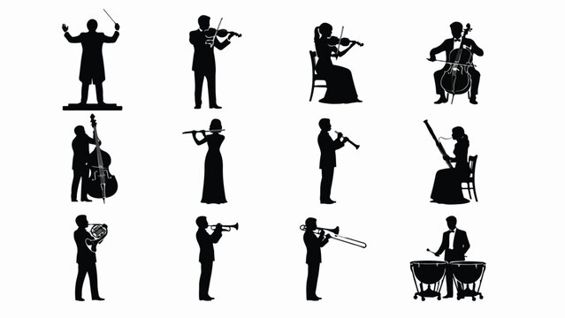 Symphony orchestra musician silhouettes, 12 classical music performer icons, black vector figures of instrumentalists and conductor