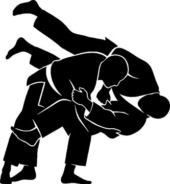 Silhouette of two athletes practicing judo throws.