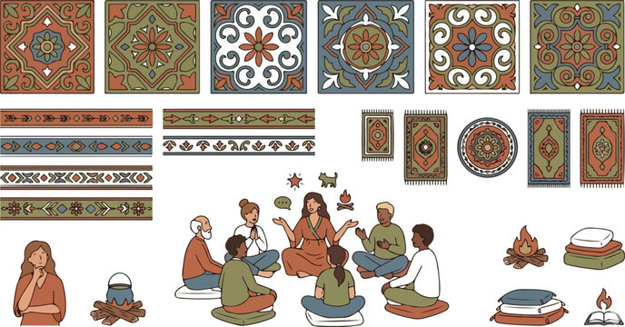 Boho tribal ornament collection set vector featuring ethnic patterns seamless borders and people sitting in a circle telling stories around a campfire,