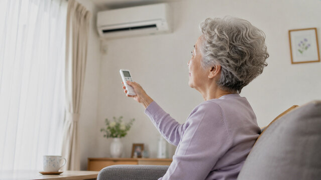 Senior woman using an air conditioner remote control in a bright living room during a summer heatwave with soft natural daylight