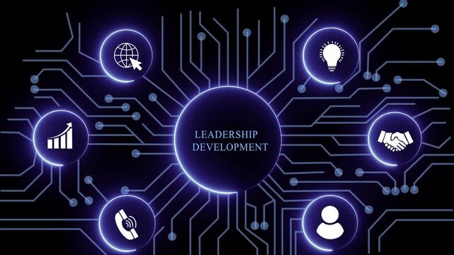 leadership development concept with circuit lines and digital symbols hovering above a businessman, technology. manufacturing process management all connected in a digital circle like pattern.