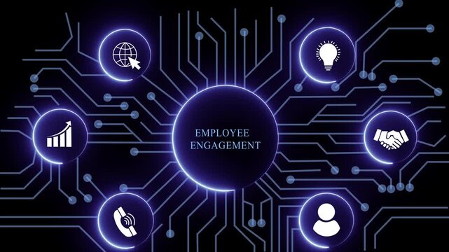 employee engagement concept with circuit lines and digital symbols hovering above a businessman, technology. manufacturing process management all connected in a digital circle like pattern.