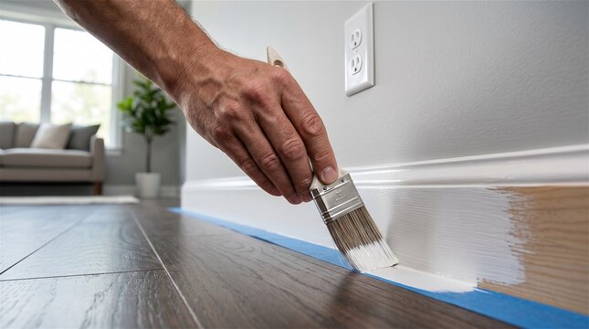 Hand painting white baseboard trim with a brush in a modern home