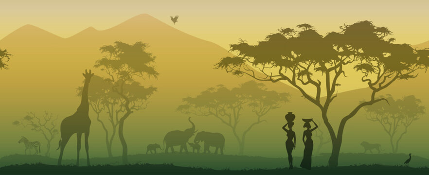 horizontal seamless background with africa nature. All animals and trees and peole are isolated - you can clean and move them. vector illustration