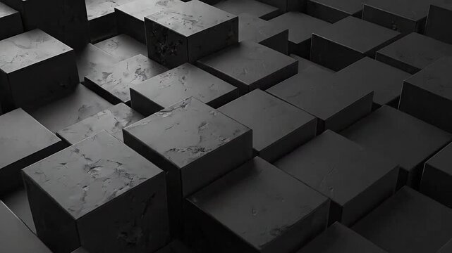 A dark abstract background featuring many textured matte black cubes