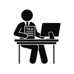 Fototapeta premium Accountant sits at a desk while managing tax documentation on a desktop computer screen.