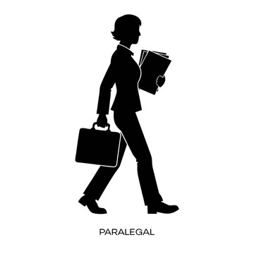 Paralegal walks with a briefcase and legal documents in a professional silhouette illustration.