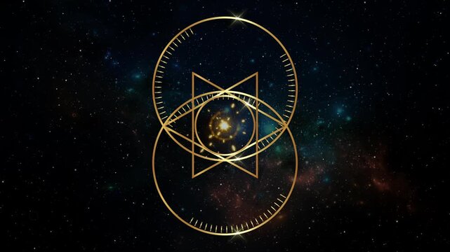 Video loop animation of Vesica piscis Sacred geometry circuit. Gold All Seeing eye, the third eye or The Eye of Providence inside lines circles. Phi mystic heaven and earth galaxy nebula background