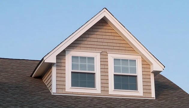 Dormer window on residential house with shingled exterior and dark roof.