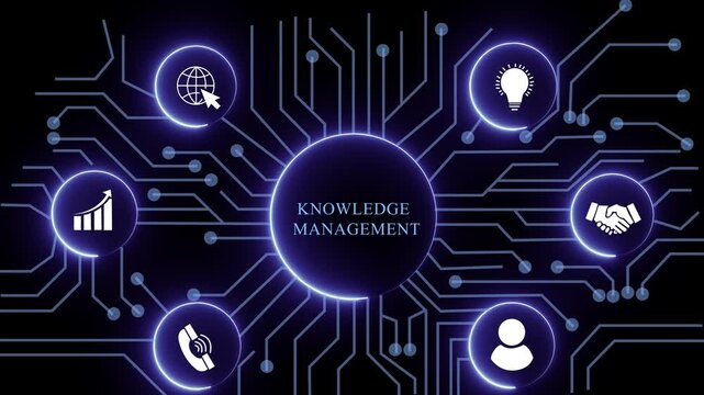 knowledge management concept with circuit lines and digital symbols hovering above a businessman, technology. manufacturing process management all connected in a digital circle like pattern.