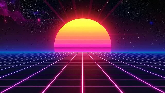 A glowing sun rises over a digital grid landscape at night