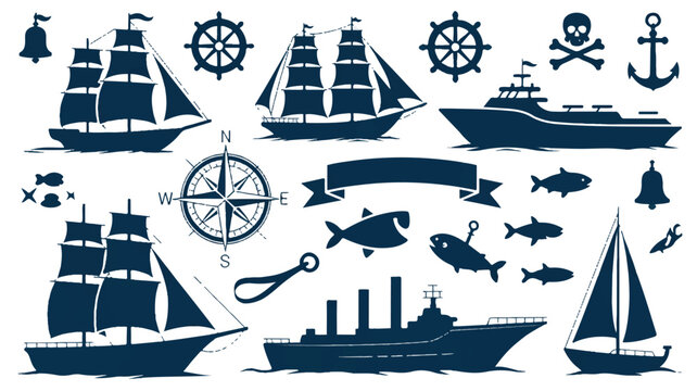A nautical-themed collection of various ships and sailing elements on water