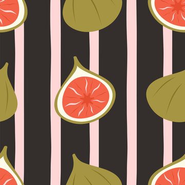 cute hand drawn modern seamless repeat vector pattern illustration with green figs on striped pink and dark background for fabirc, packaging and interior decor
