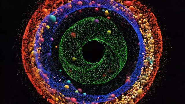 Abstract colorful particles forming a glowing circular vortex pattern