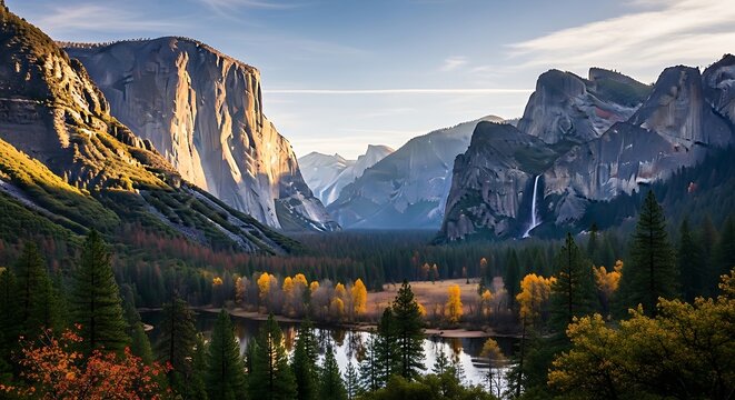 Majestic mountain valley with autumn trees and reflecting lake at sunrise