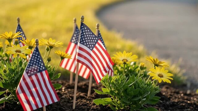 Patriotic us garden flag flower yellow daisy summer soil sunlight memorial celebration peaceful tribute outdoor. 4th july independence. american flag backyard community, peaceful freedom democracy