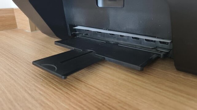 Black office pushing paper machine starts automated printing process. White sheet smoothly emerges from slot on wooden table surface, showing hardware pushing paper out into tray.