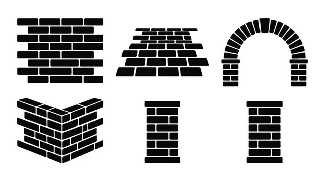 Brick wall construction icons set, masonry stone structures and architectural elements, black silhouette brickwork vector symbols isolated PNG with Transparent Background