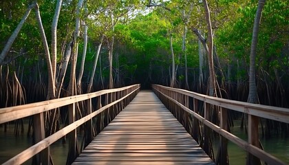 Fototapeta premium Wooden boardwalk through lush green mangrove forest over calm water.