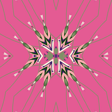 Geometric symmetry artwork in gradient evergreen moss tones with cornsilk, olive grey, moss green, deep emerald, rose petal, fuchsia, grape, deep midnight