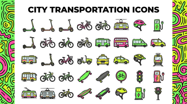 Diverse City Transportation Icons Set for Urban Mobility and Eco-Friendly Travel
