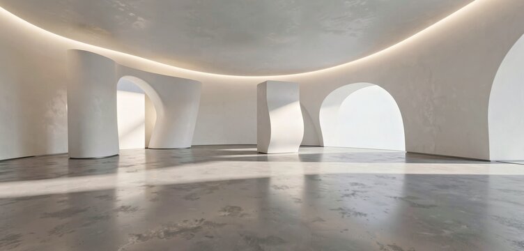 Serene white curved concrete interior with arches for modern architectural branding.
