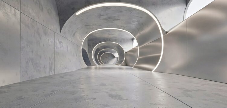 Futuristic concrete tunnel with glowing rings for immersive architectural branding.
