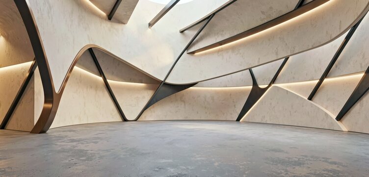 Bold abstract concrete interior with angular light bands for futuristic branding.
